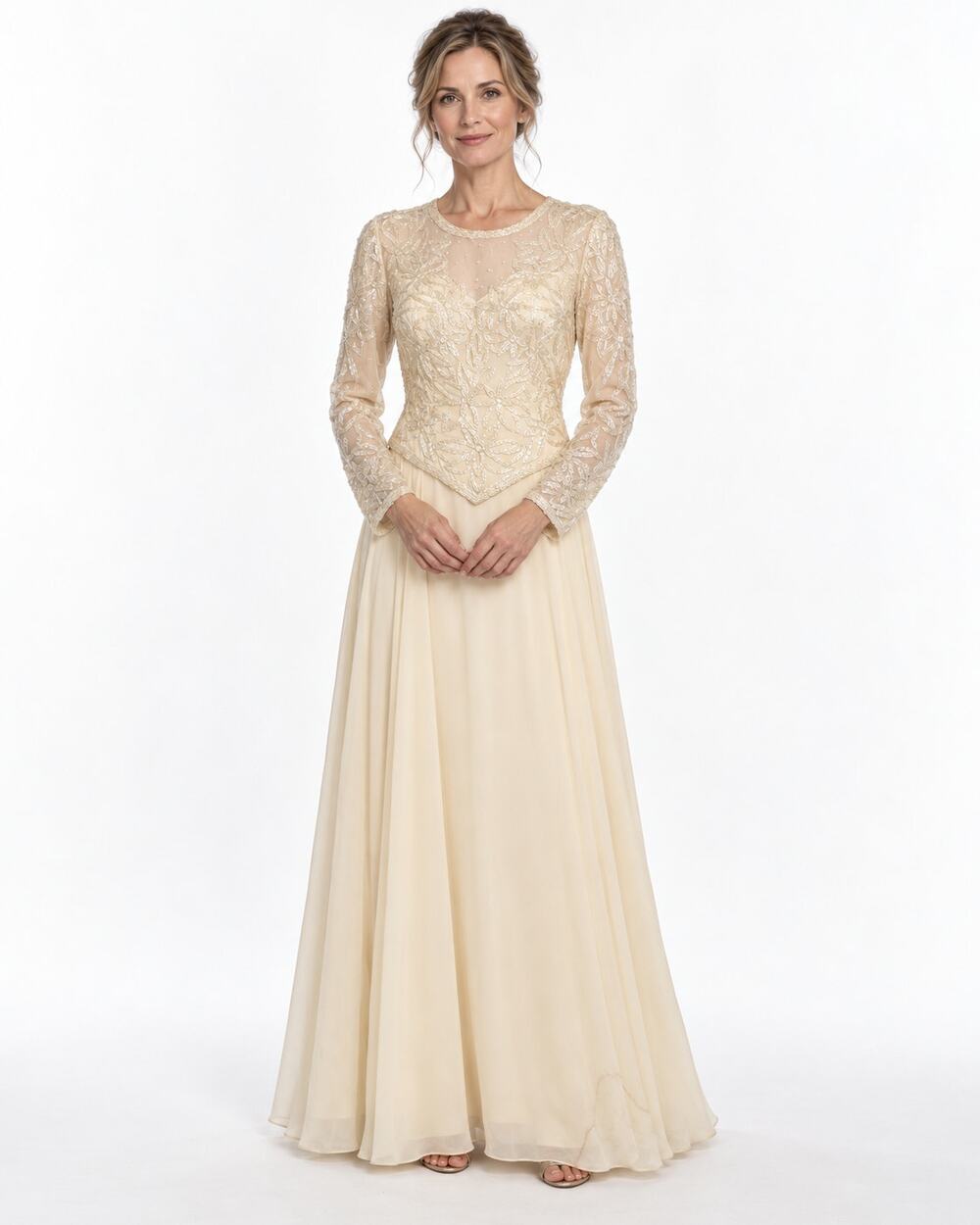 Vintage Brilliante by J.A. Ivory Beaded Chiffon Maxi Dress S 38/30